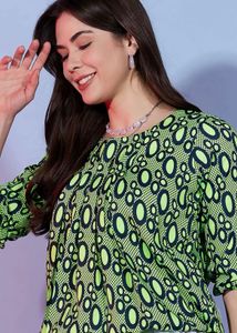 Animal Print Puff Sleeves Round Neck Top