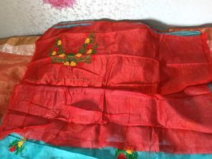 Blue With Red Floral Design ChanderiCotton Saree