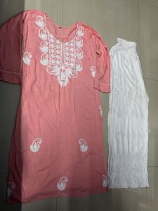 Pink Kurti Set with White Embroidery