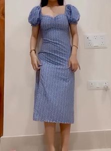 Blue Floral Puff Sleeve Midi Dress