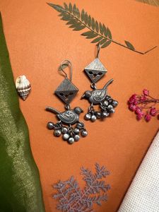 Bird Charm Silver Drop Earrings