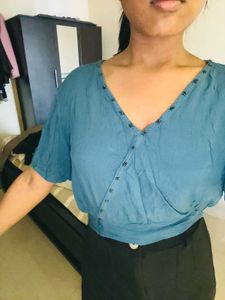 Blue Wrap Top with Beaded Detail