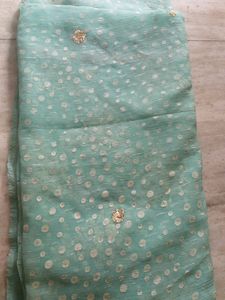 Teal & Gold Embellished Chiffon Fabric