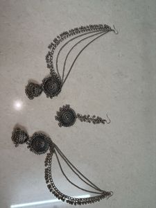 Oxidized Silver Ear Chain Jhumka Set