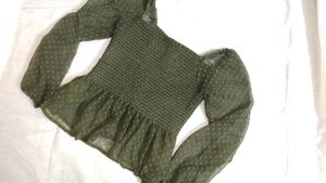 Olive Green Peplum Top With Balloon Sleeves