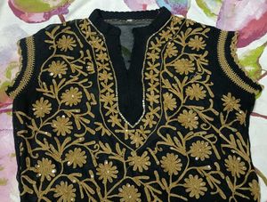 BlackGeorgette Kurti with Golden Floral Embroidery