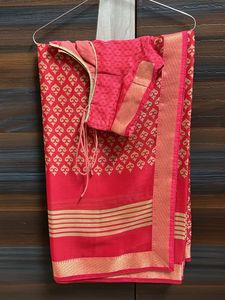 coral printed border saree with blouse