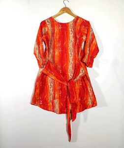 Retro Orange Print Tie-Waist Dress