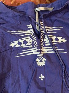 Blue Cotton Thread Work Short  Kurti