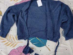 Blue Knit Wrap Cardigan