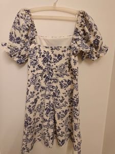 Kazo Blue Printed Mini Dress With Puff Sleeves