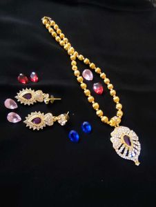 gold plated stone necklace with earrings set