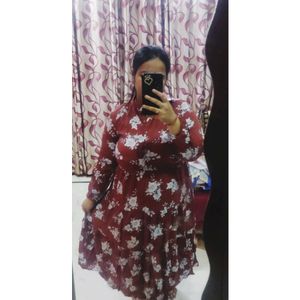 Brown Floral Middi Dress