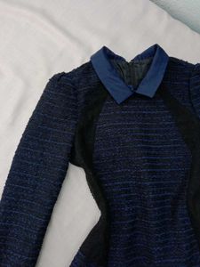 New Korean Puff Sleeves Navy Blue Dress