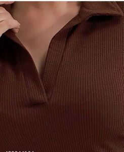 Brown Ribbed Long Sleeve Polo Top
