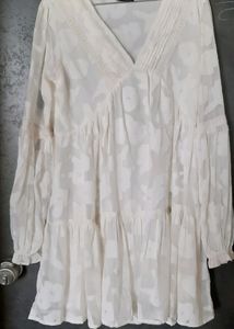 White Organza Flaired Long Top With Full Sleeve