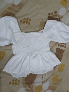 White Puff Sleeve Peplum Top