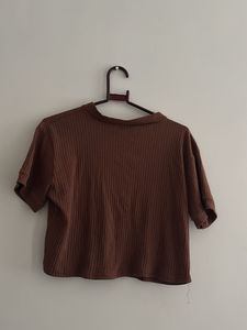 Brown Ribbed V-Neck Top