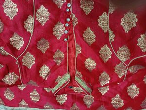 Elegant Red Banarasi Anarkali Set with Golden Moti