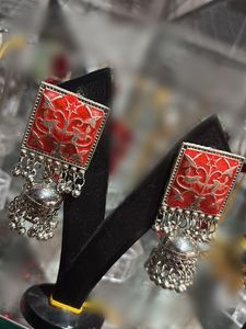 Square Red Jhumka Earrings