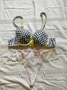 Gingham Bra &amp; Laced Thong Set