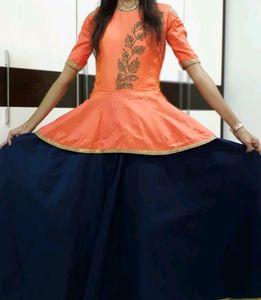 Ful Length Ethnic Gown Gajri And Navy Blue Color