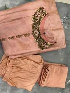 Peach Silk Gown Set with Embroidered Neckline