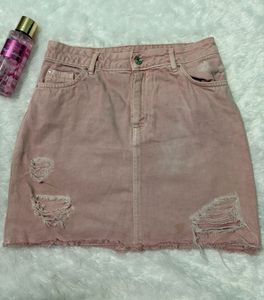 H&M Pink Denim Distressed Skirt