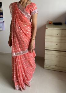 ❤🌸Beautiful Embroidered Coral Saree🎉