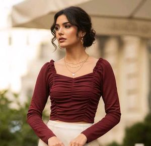 Maroon Ruched Long Sleeve Crop Top