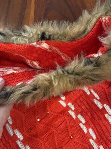 Red Knit Poncho with Faux Fur