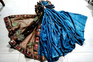 Elegant Blue & Brown Embroidered Saree