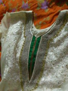 Elegant White &amp; Green Embellished Dress
