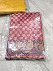 Banarasi Organza Saree With Running Blouse,. Pink Body,,, Green Pallu,, And Purple Border