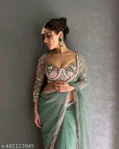 Net Saree Attached With Blouse Piece 💗