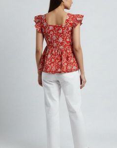 Red Floral Ruffle Sleeve Top