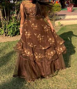 Embroidered Brown Tulle Layered Maxi Dress
