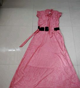 Pink Tie Neck Maxi Dress