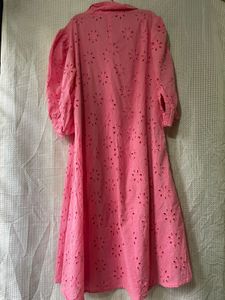 Pink Cotton Eyelet A-Line Dress with Puff Sleeves