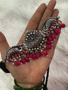 Beautiful Oxidised Pink Pearl Choker With Earrings