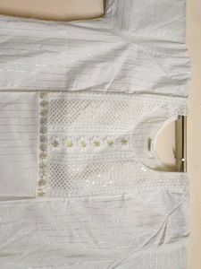 Pretty White Kurta With Lace, Sequin &amp; Thread Work