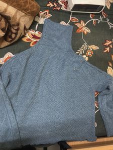 Blue Cable Knit Turtleneck Sweater