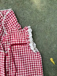 Aesthetic Red Gingham Lace Trim Top