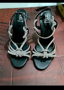 SSS Stylish Black Heels with Rhinestones