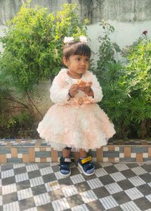 White And Peach Net Floral Jacket Frock