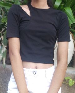 Trendy Cutout Black Crop Top