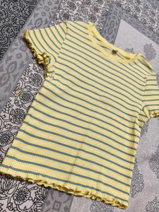 Uniqlo Women Yellow Ribbed Striped Crop Top