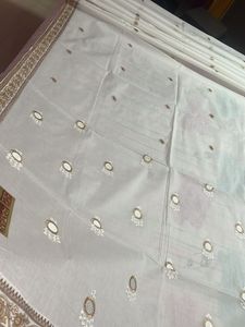 Brown Floral Bordered White Saree