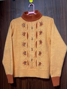 Embellished Turtleneck Orange Sweater
