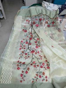 Yellow Embroidered Organza Saree